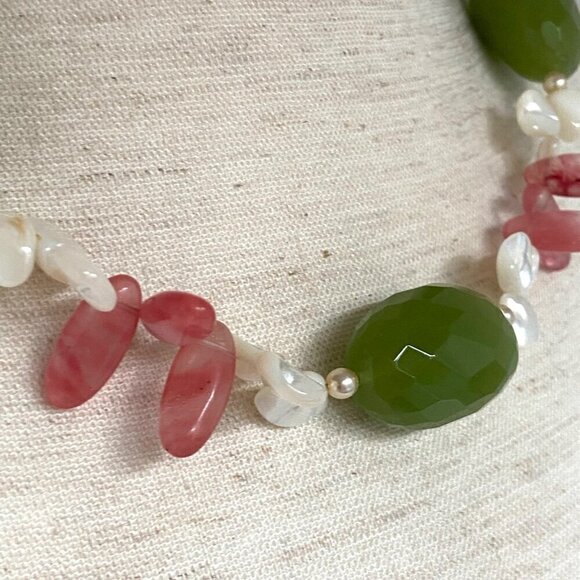 Sterling Silver 925 Beaded Oval Faceted Chrysoprase MOP & Pearl Necklace 17.5" - Picture 11 of 16